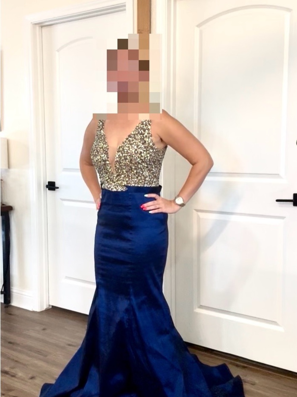 chic Gold Sequin Bodice Navy Satin Mermaid Prom Dress